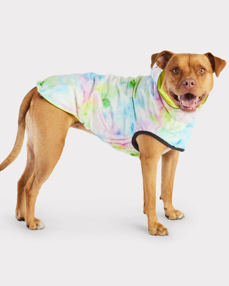 Reversible Waterproof Dog Raincoat in Neon Yellow & Tie-Dye
