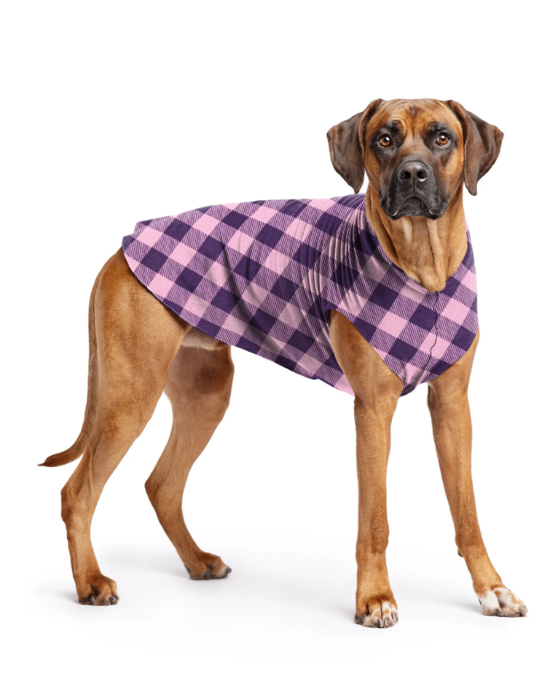 Pullover Stretch Dog Fleece in Pink and Purple Rose Buffalo Plaid (Made in the USA)