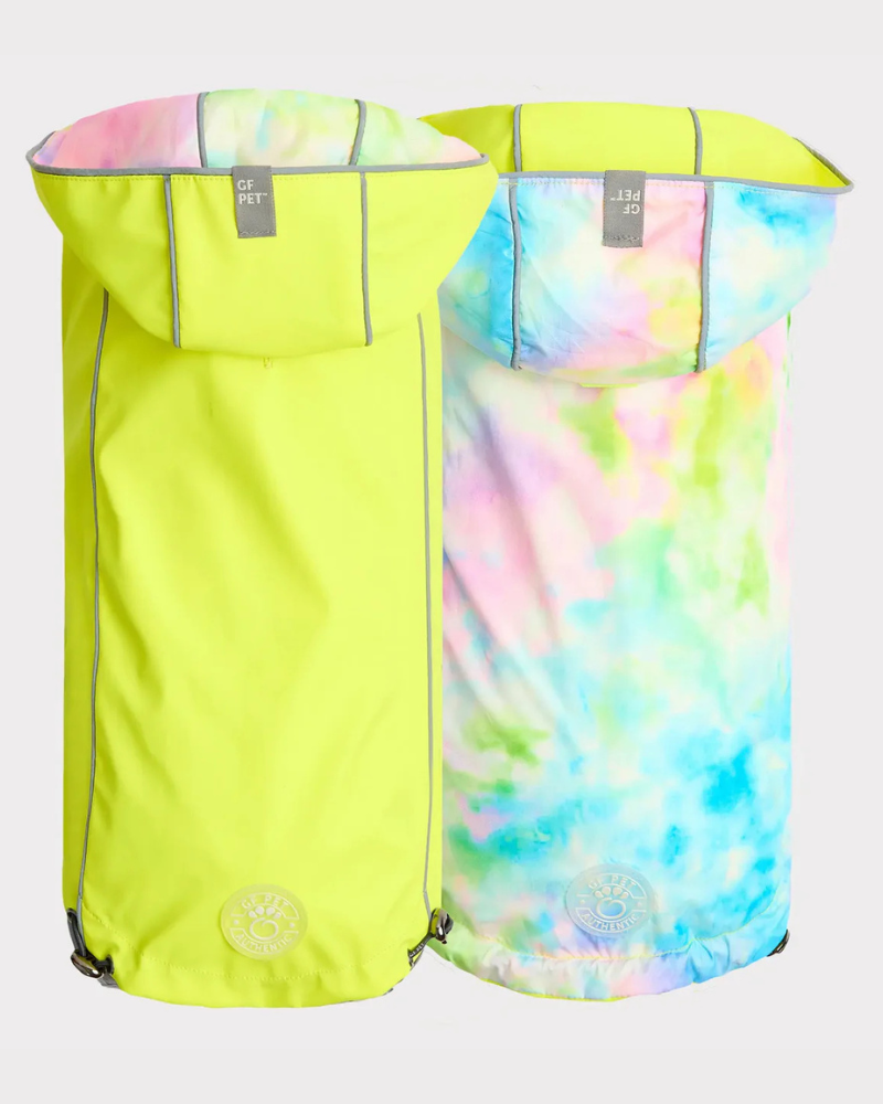 Reversible Waterproof Dog Raincoat in Neon Yellow & Tie-Dye