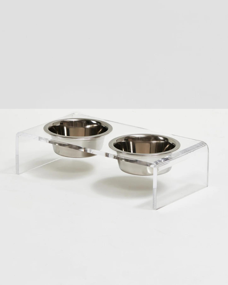 Clear Lucite Double Bowl Pet Feeder (Made in the USA) (Direct-Ship)