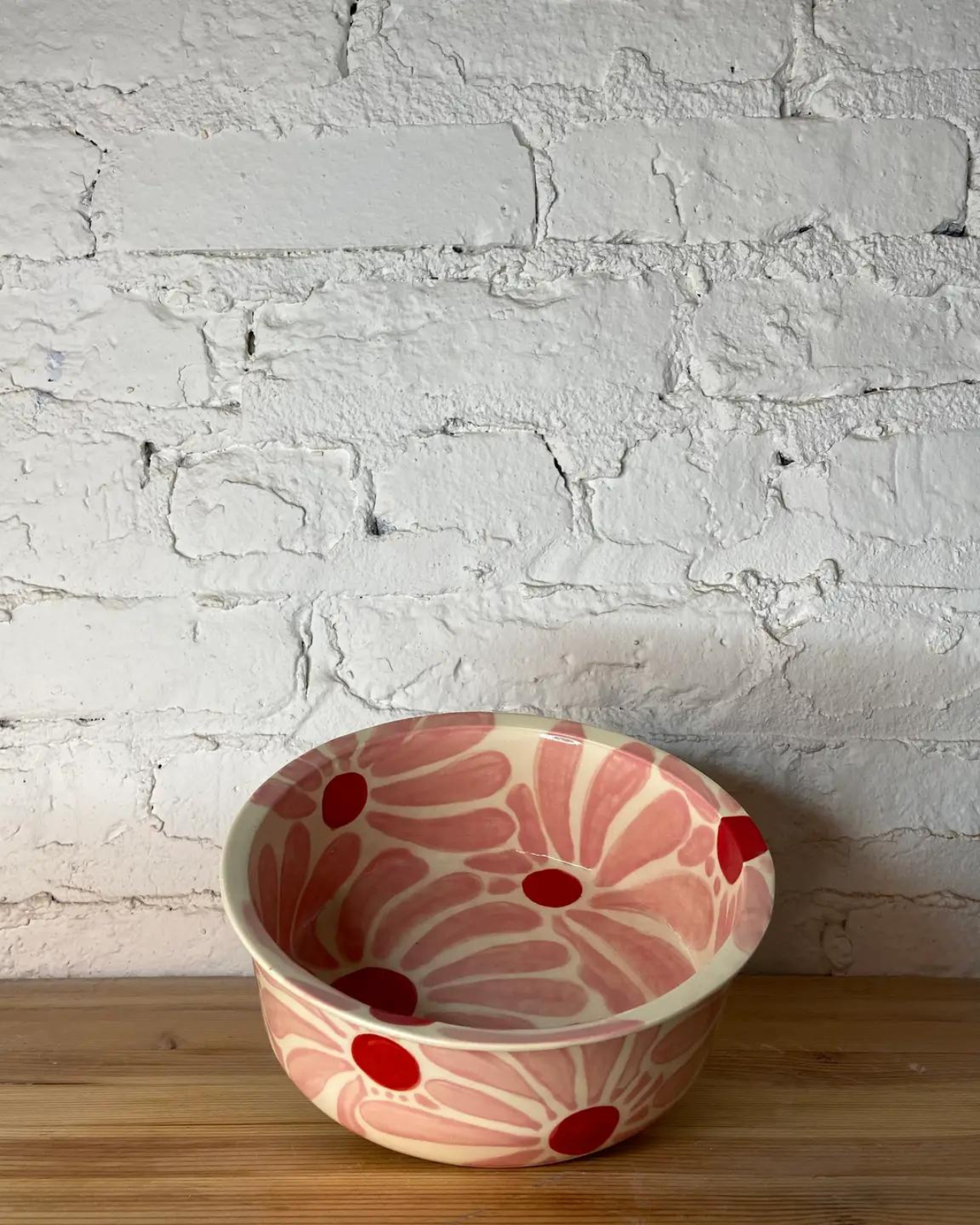 Handmade Ceramic Dog Bowl in Pink & Red Retro Flower (Made in the USA)