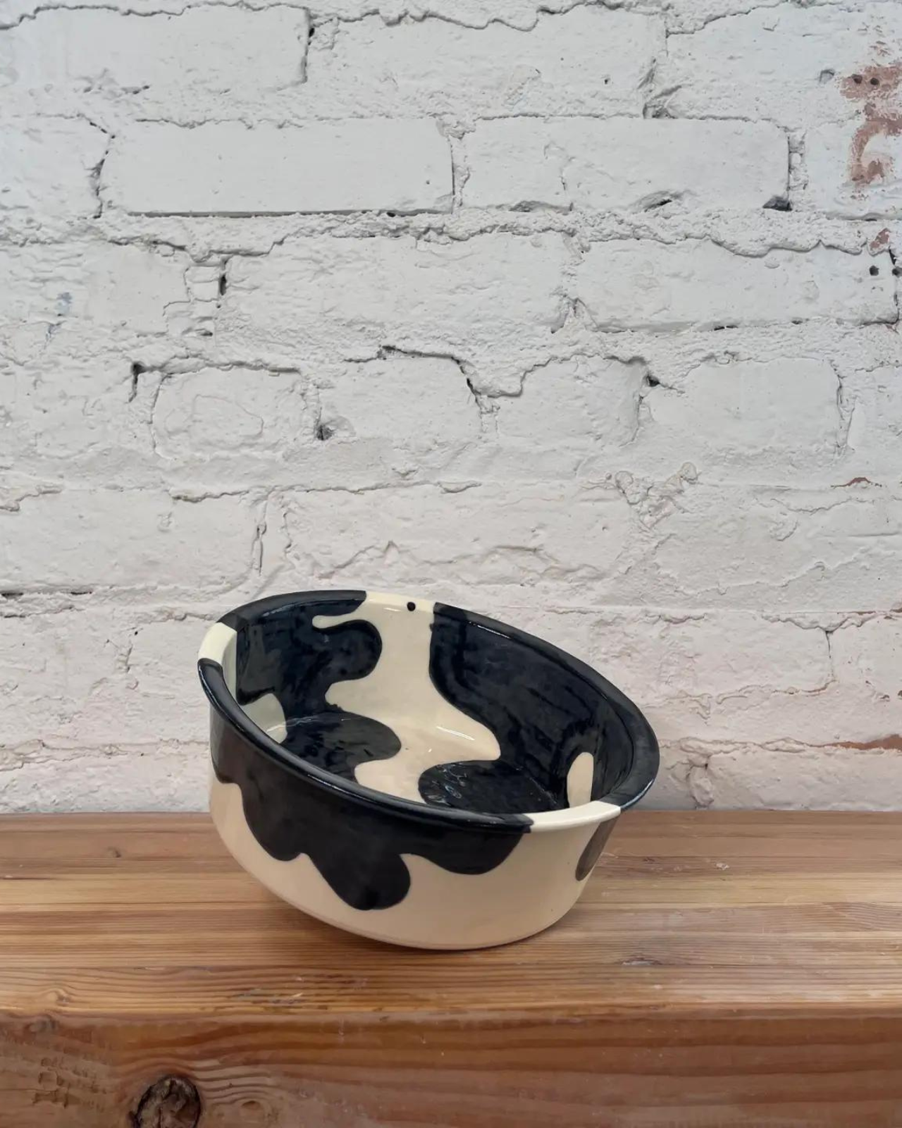 Handmade Ceramic Dog Bowl in Cow Print (Made in the USA)