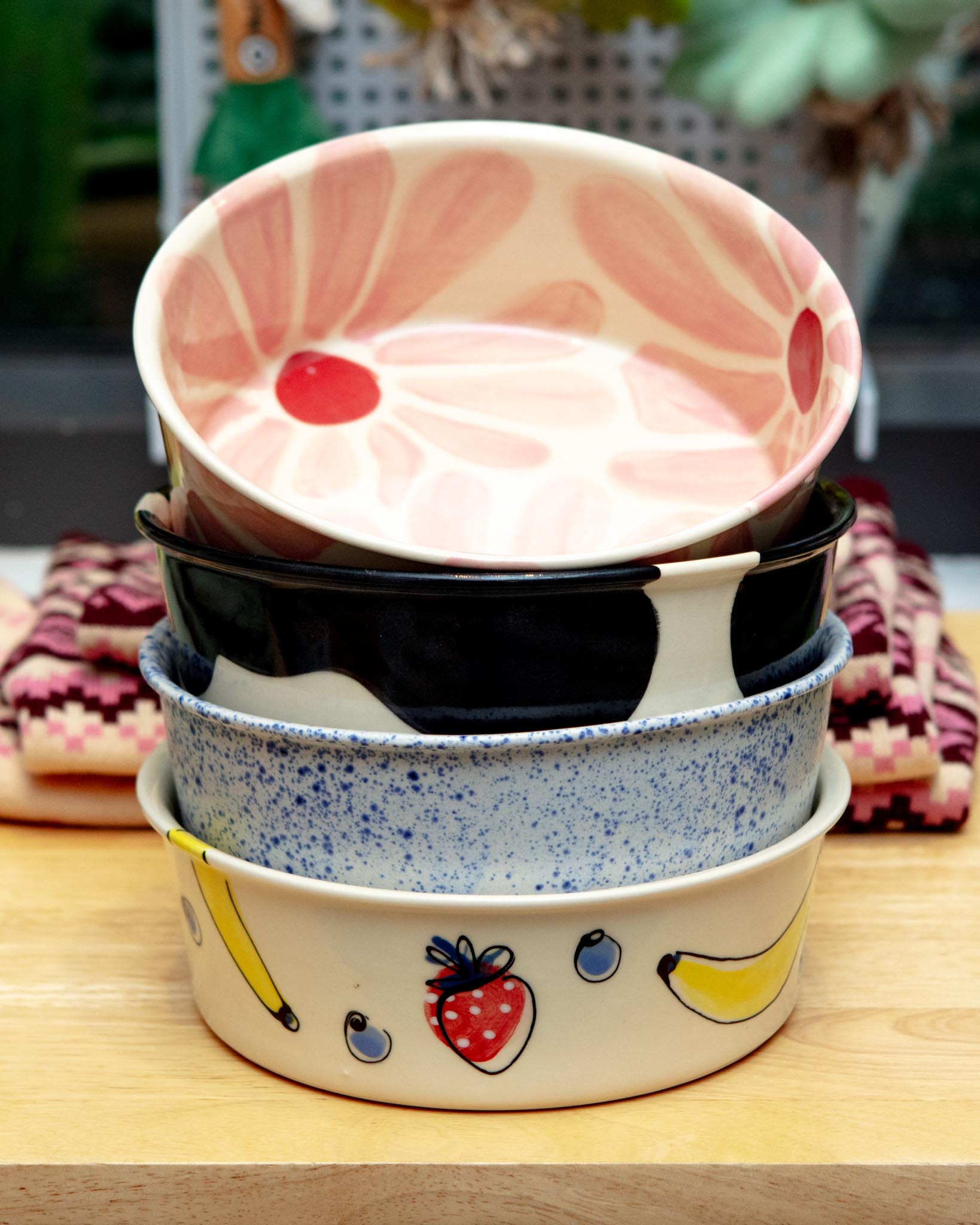 Handmade Ceramic Dog Bowl in Fruit Salad (Made in the USA)