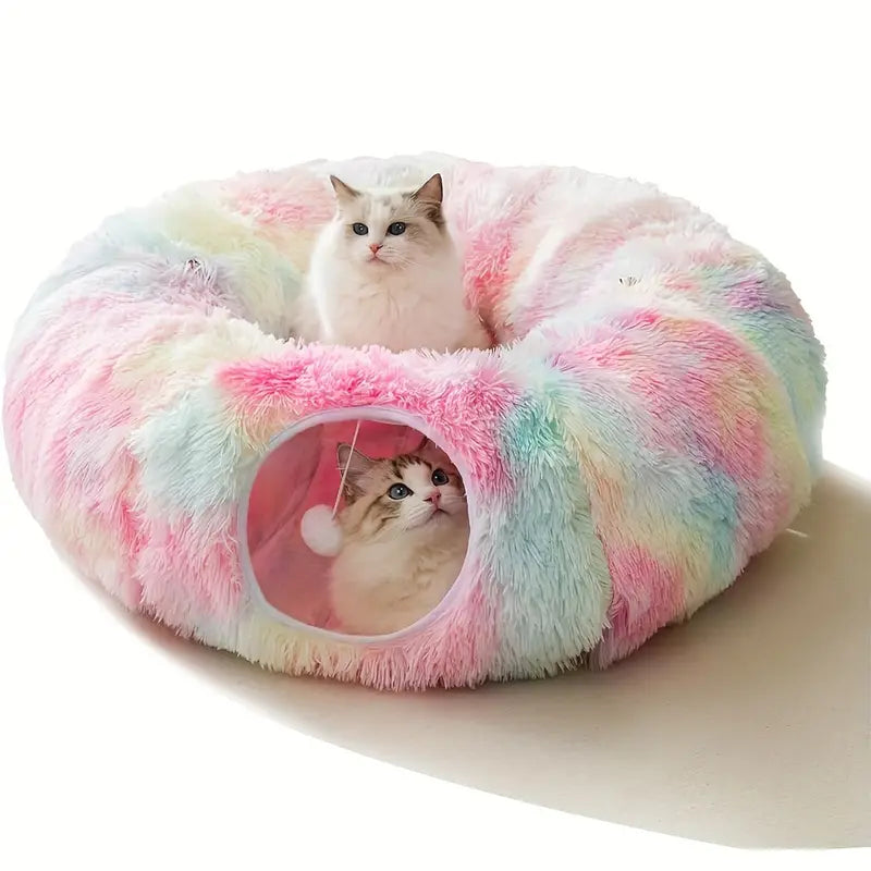 Donut Tunnel Bed Foldable Cat Plush Toy for Indoor Cats